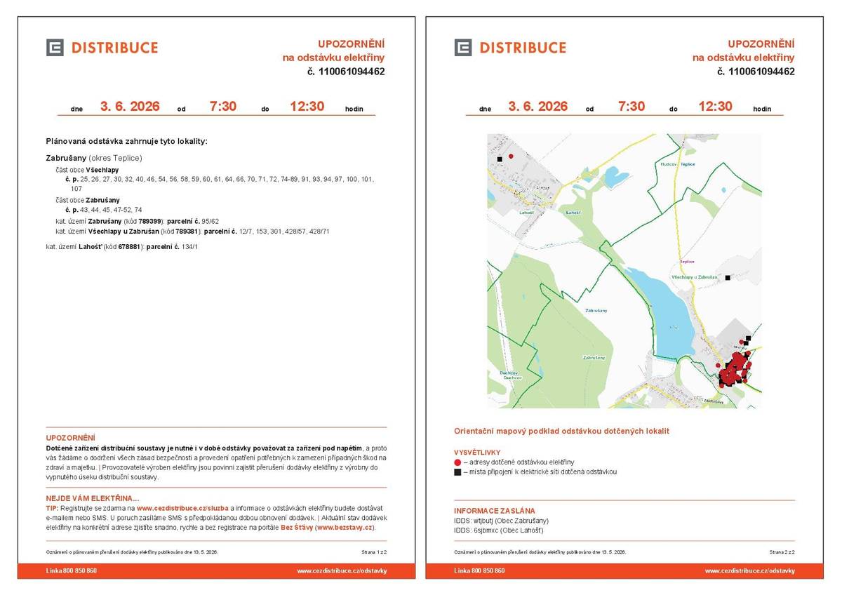 ČEZ Distribuce a.s. oznamuje, že dne 3.6.2026 od 7:30 do 12:30 dojde v části Zabrušan a části Všechlap k přerušení dodávky elektřiny. Platí pro Zabrušany č. p. 43, 44, 45, 47-52, 74, pro Všechlapy č.p. 25, 26, 27, 30, 32, 40, 46, 54, 56, 58, 59, 60, 61, 64, 66, 70, 71, 72, 74-89, 91, 93, 94, 97, 100, 101, 107 a pro p.p.č. 12/7, 153, 301, 428/57, 428/71 k.ú. Všechlapy u Zabrušan a pro p.p.č. 95/62 k.ú. Zabrušany.