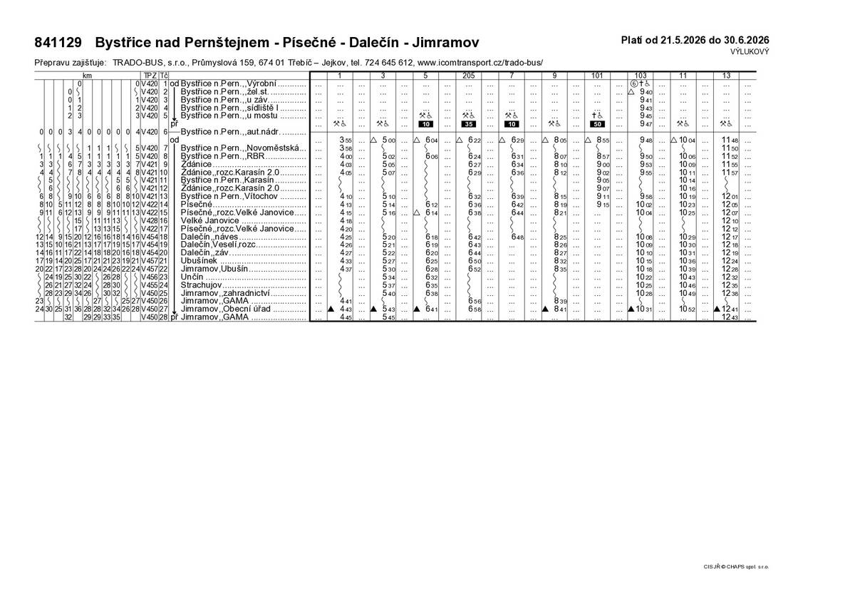 zasíláme výlukové jízdní řády linky 841129 platné od 21.5.2026 do 30.6.2026