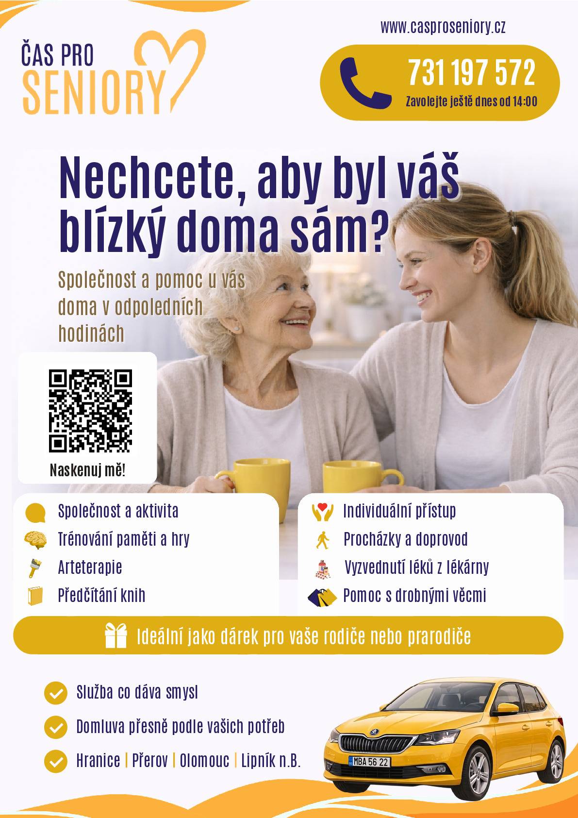 Poskytujeme společnost a individuální pomoc seniorům přímo v jejich domácím prostředí, především v odpoledních hodinách. Nejedná se o sociální službu, ale o lidskou podporu a trávení času se seniory, kteří nechtějí nebo nemohou být doma sami. Mezi nabízené činnosti patří například:  společnost a aktivní trávení času, povídání, předčítání knih, trénování paměti a hry, doprovod a procházky, vyzvednutí léků, pomoc s drobnými běžnými věcmi, individuální přístup podle potřeb klienta.  Velký důraz klademe na lidskost, důstojnost, respekt a bezpečné prostředí pro seniory i jejich rodiny. Více informací zde: https://www.casproseniory.cz/