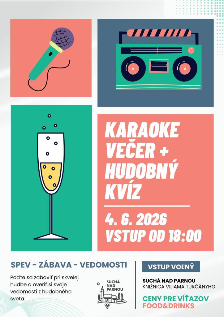 Pozývame zabaviť sa pri skvelej hudbe a pritom si overiť svoje vedomosti o hudobnom svete na večer s karaoke a hudobným kvízom, ktorý sa uskutoční vo štvrtok 4.6.2026 o 18:00 hod. v Knižnici Viliama Turčányho. Vstup voľný. Čaká vás občerstvenie, ceny pre víťazov a, samozrejme, skvelá zábava.