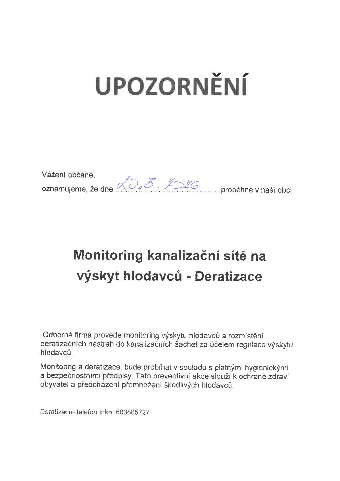 UPOZORNĚNÍ - monitoring kanalizační sítě na výskyt hlodavců - Deratizace - proběhne dne 20. 5. 2026.