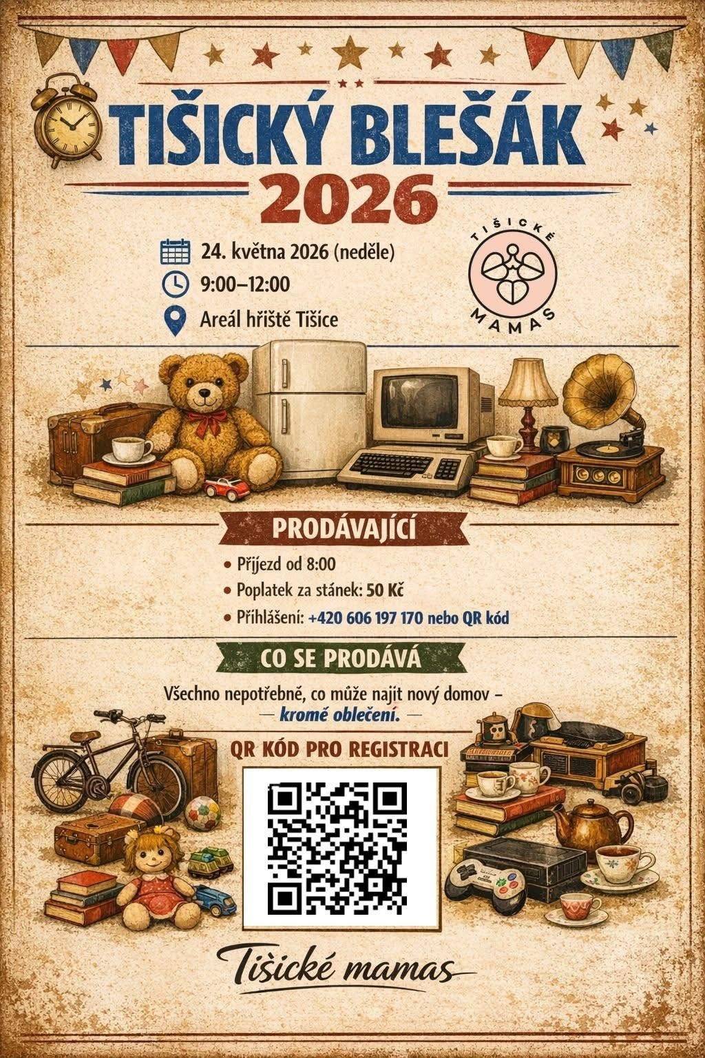 Naše Tišické Mamas zvou v neděli 24. května od 9 do 12 hodin na Tišický blešák v areálu Na hřišti 💚 Přijďte prodat, nakoupit nebo se jen podívat, co zajímavého se objeví na stolech sousedů 😊 🧸 hračky 👕 oblečení 🪑 věci do domácnosti 📚 knížky a spousta dalších pokladů Čeká nás pohodové dopoledne a příjemná sousedská atmosféra ☀️