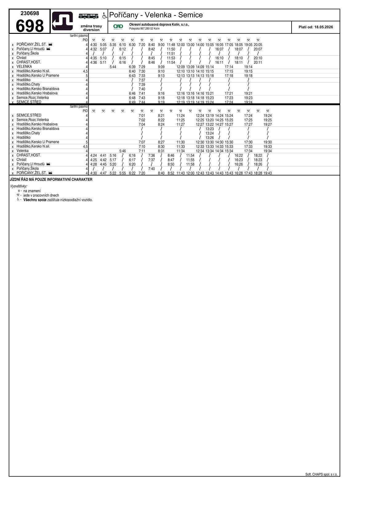 informace o výlukové změně jízdního řádů linky 698 od 18.5. do 18.7. v důsledku uzavírky silnice III/3308 v úseku Chrást – Velenka. Výlukové změny budou následující:    Linka 698 - Poříčany – Velenka – Semice   Krátké spoje Poříčany – Velenka jsou po dobu výluky ukončeny v zastávce Chrást,host., výjimkou je jeden přidaný ranní pár spojů, který naopak vynechává obec Chrást a jede přímo do Velenky.   Spoje z Poříčan až do Semic a zpět jsou vedeny objízdnou trasou mimo obec Chrást, v ostatních obcích jsou ponechány stejné časy odjezdů jako nyní.   Nový jízdní řád k vyzvednutí na obecním úřadě.