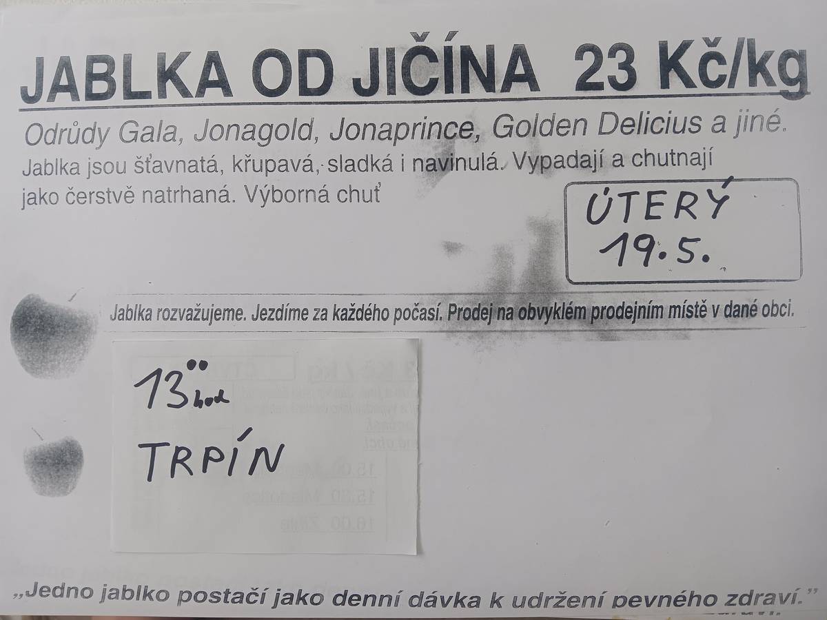 V úterý 19.5.2026 od 13 hodin proběhne před Kozákovými prodej jablek. Cena 23,00 Kč / kg.