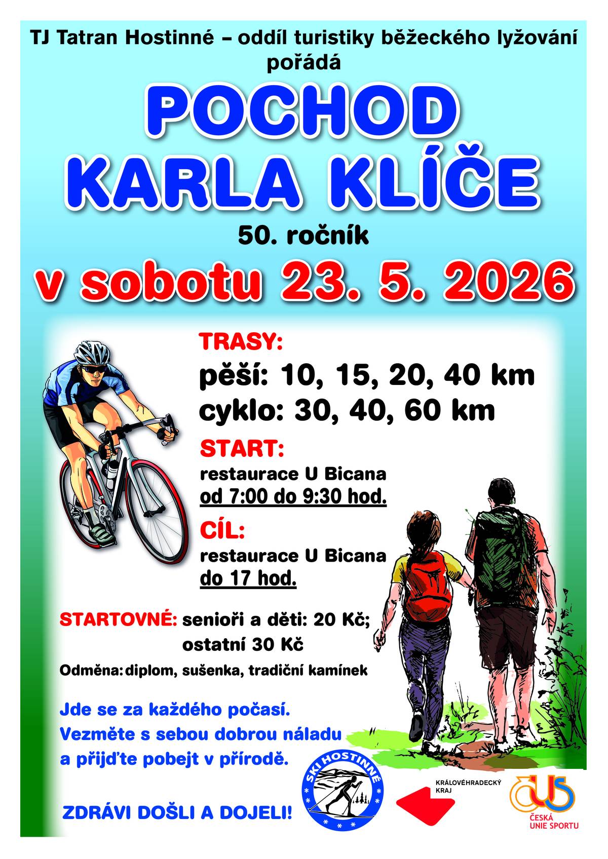 Již tuto sobotu se uskuteční jubilejní 50. ročník Pochodu Karla Klíče. Srdečně zveme všechny turisty, cyklisty, rodiny s dětmi i příznivce aktivního pohybu 🚶♂️🚴♀️.  📅 sobota 23. května 2026 📍  start od 7:00 - 9:30 hod. restaurace U Bicana 📍  cíl do 17:00 hod. restaurace U Bicana 💰 Startovné  seioři a děti - 20 Kč                          ostatní - 30 Kč Připraveno bude několik tras pro pěší i cyklisty, takže si vybere opravdu každý — od rekreačních účastníků až po zkušené sportovce. Ať už dorazíte za výkonem, přírodou nebo příjemnou atmosférou, čeká vás krásný den na čerstvém vzduchu. 🌦️ Počasí nás nezastaví — pochod se koná za každého počasí! Vezměte přátele, dobrou náladu a přijďte společně oslavit půlstoletí této tradiční akce. Těšíme se na vás!