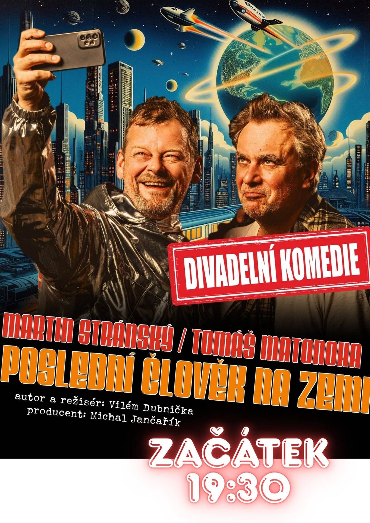 Z důvodu komplikací na cestě bude začátek dnešního představení Poslední člověk na Zemi posunut. Nový začátek představení je v 19:30. Děkujeme za pochopení a těšíme se na vás!