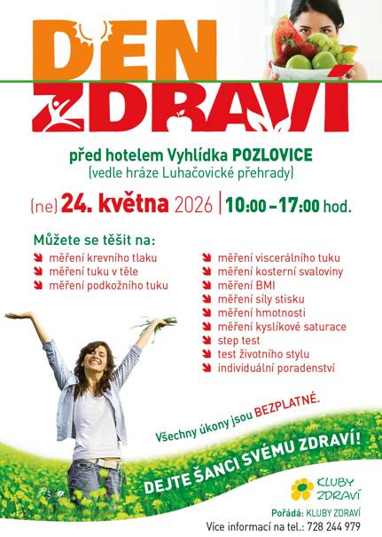 Den zdraví, akce proběhne v neděli 24. 5. 2026, před hotelem Vyhlídka na Luhačovické přehradě