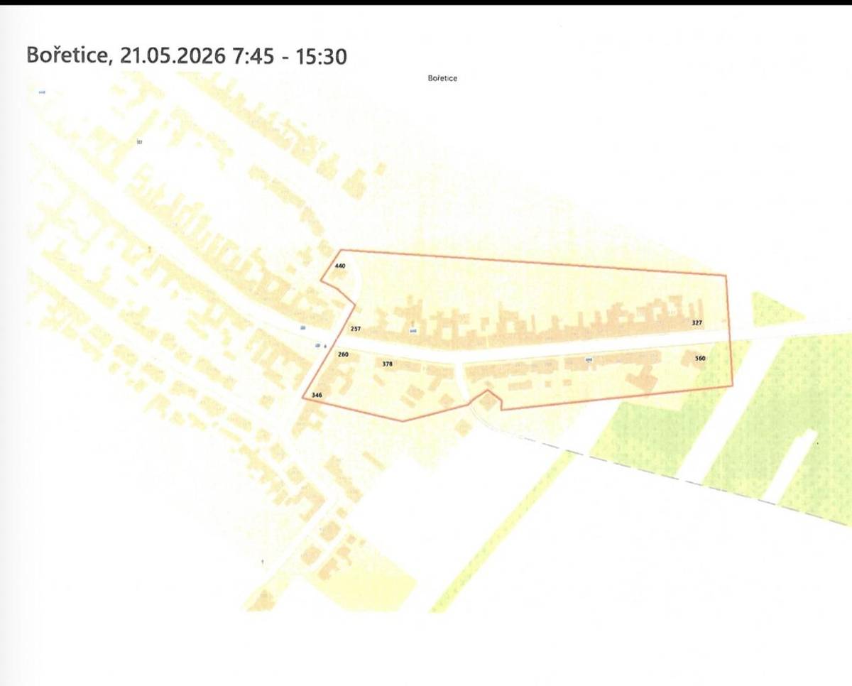 V době od 7.45 do 15.30 nepůjde elektřina v následujících domech:    Vypnutá oblast:  Bořetice, od č.p. 257 ро č.р. 327, o d č.p. 378 р о č.p. 560, od č.p. 260 p o č.p. 346 a včetně č.p. 440