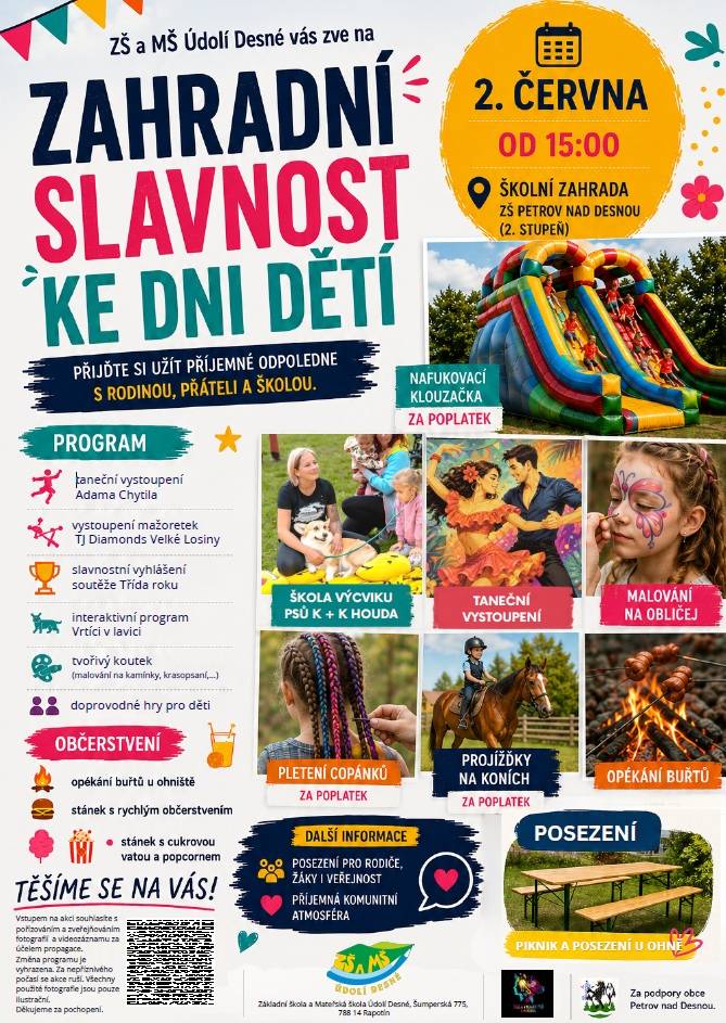 > 2.6.2026 od 15:00 hodin   > školní zahrada ZŠ Petrov n/D. (2.stupeň)  > bohatý program, doprovodné hry pro děti  > občerstvení zajištěno