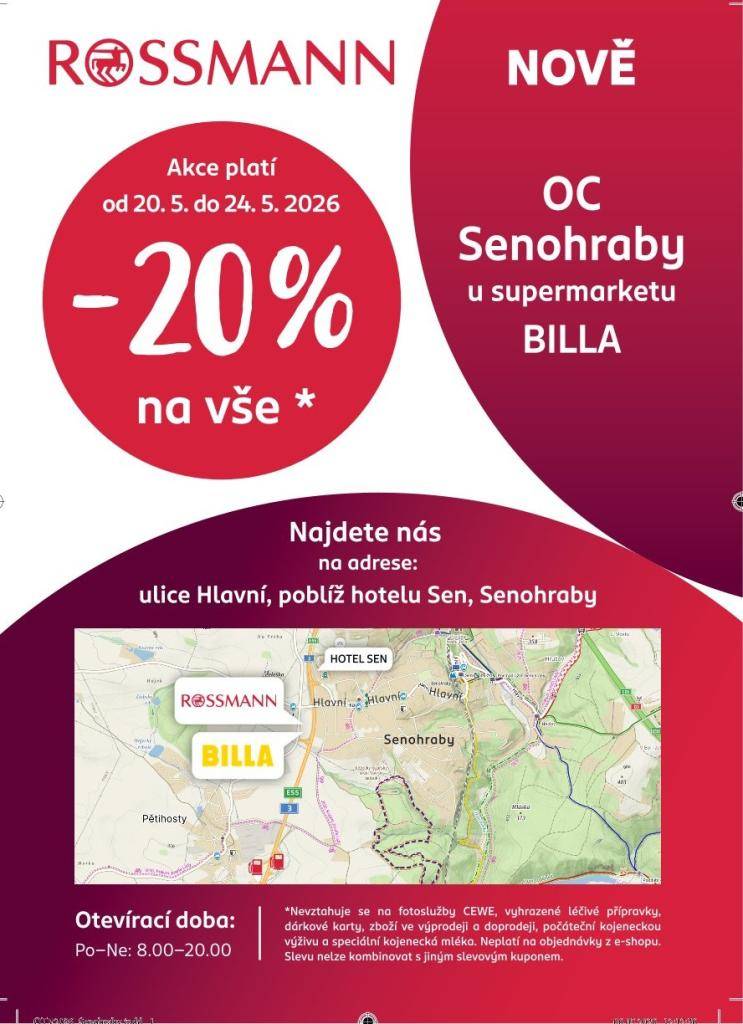 Ve středu 20. 5. se v novém obchodním centru Senohraby otvírá i prodejna ROSSMANN. Více info v přiloženém letáčku.