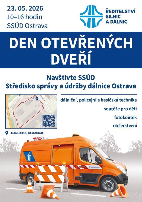 Zveme vás na Den otevřených dveří, který se uskuteční 23. května 2026 ve Středisku správy a údržby dálnice Ostrava. Od 10 do 16 hodin si můžete prohlédnout techniku, soutěžit a užít si fotokoutek.