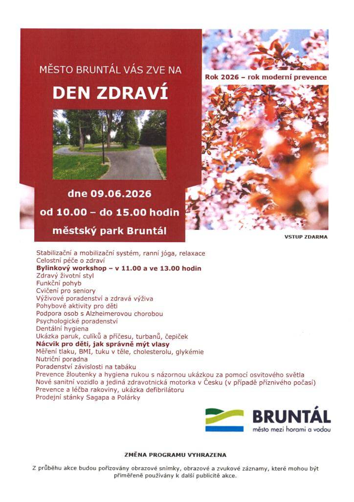 V městském parku Bruntál se dne 09. června 2026 od 10:00 do 15:00 hodin koná Den zdraví, který nabízí pestrou škálu aktivit pro všechny věkové kategorie.