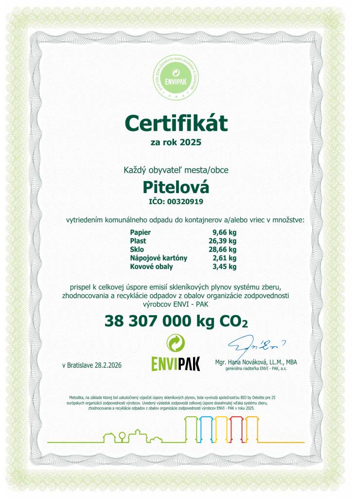 Vďaka správnemu triedeniu odpadu sme v našej obci spoločne ušetrili  množstvo emisií – celkovo až 38 307 000 kg CO2.