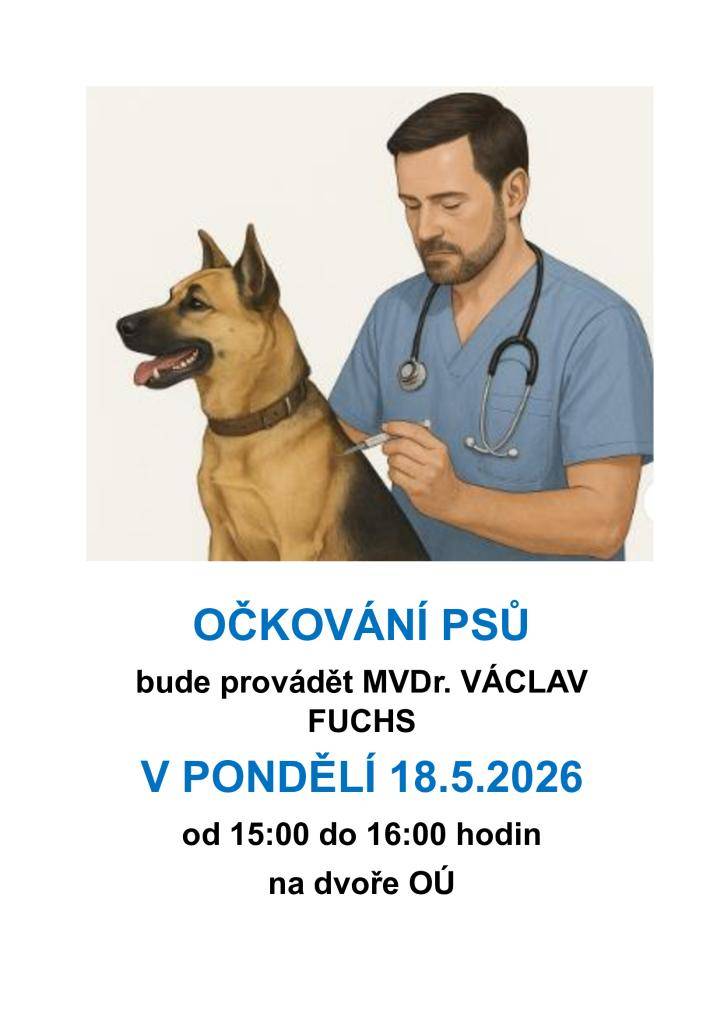 Připomínáme, že dnes 18.5.2026 bude probíhat na dvoře OÚ Kamenné Žehrovice očkování psů v době od 15,00 do 16,00 hodin.