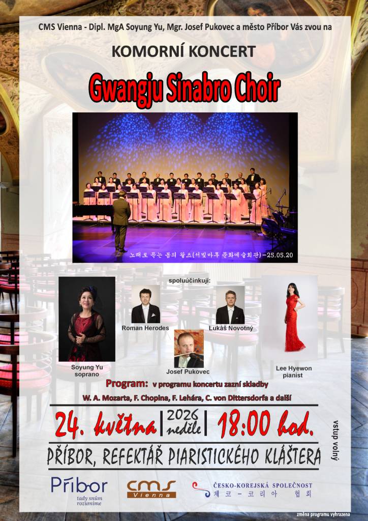 Srdečně Vás zveme na jedinečný komorní koncert jihokorejského sboru Gwangju Sinabro Choir, který se uskuteční v neděli 24. května 2026 od 18:00 v Refektáři piaristického kláštera v Příboře.
