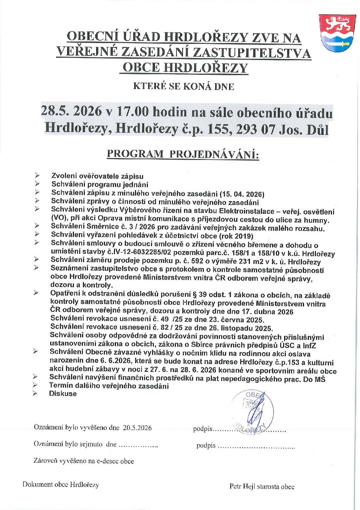 a veřejné zasedání zastupitelstva obce Hrdlořezy.