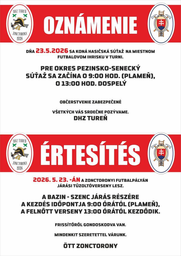 DHZ TUREŇ vás srdečne pozýva na Hasičskú súťaž, ktorá sa koná dňa 23.05.2026 od 09:00 na Futbalovom ihrisku v Turni.