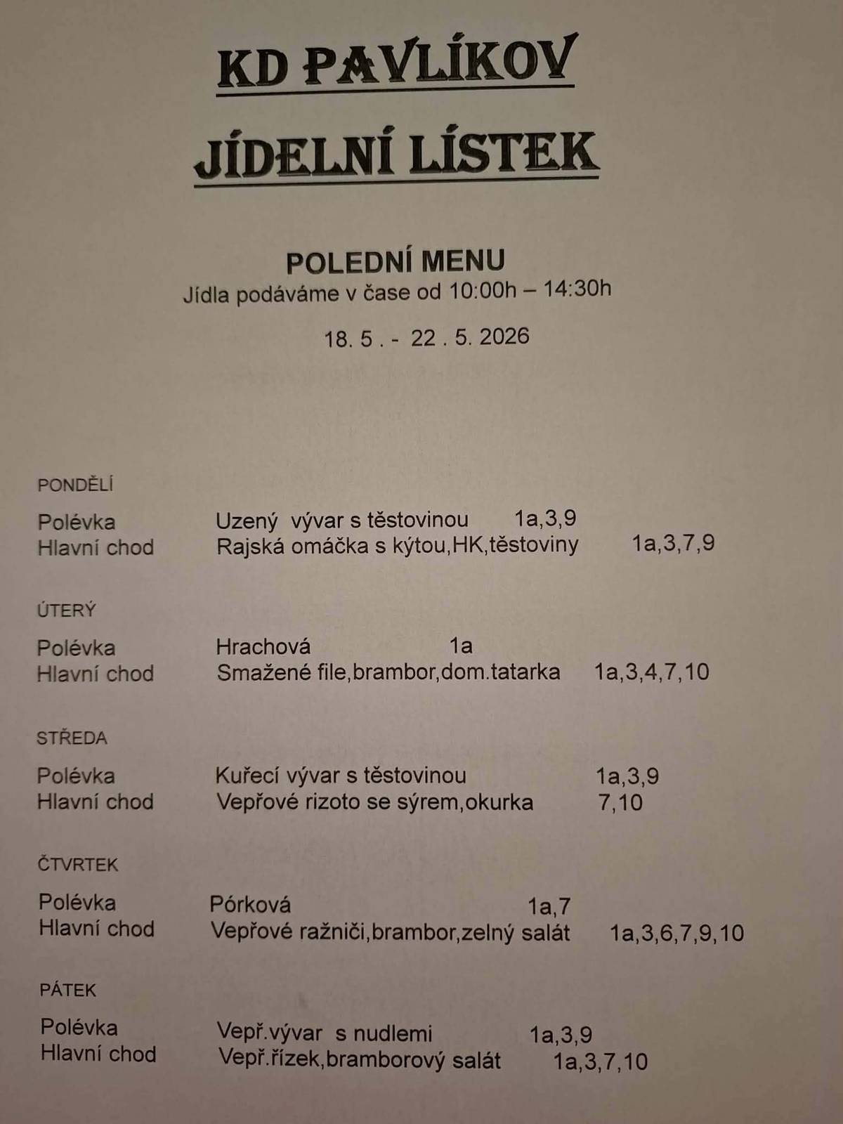 Jídelní lístek KD Pavlíkov od 18.5.do 22.5.2026