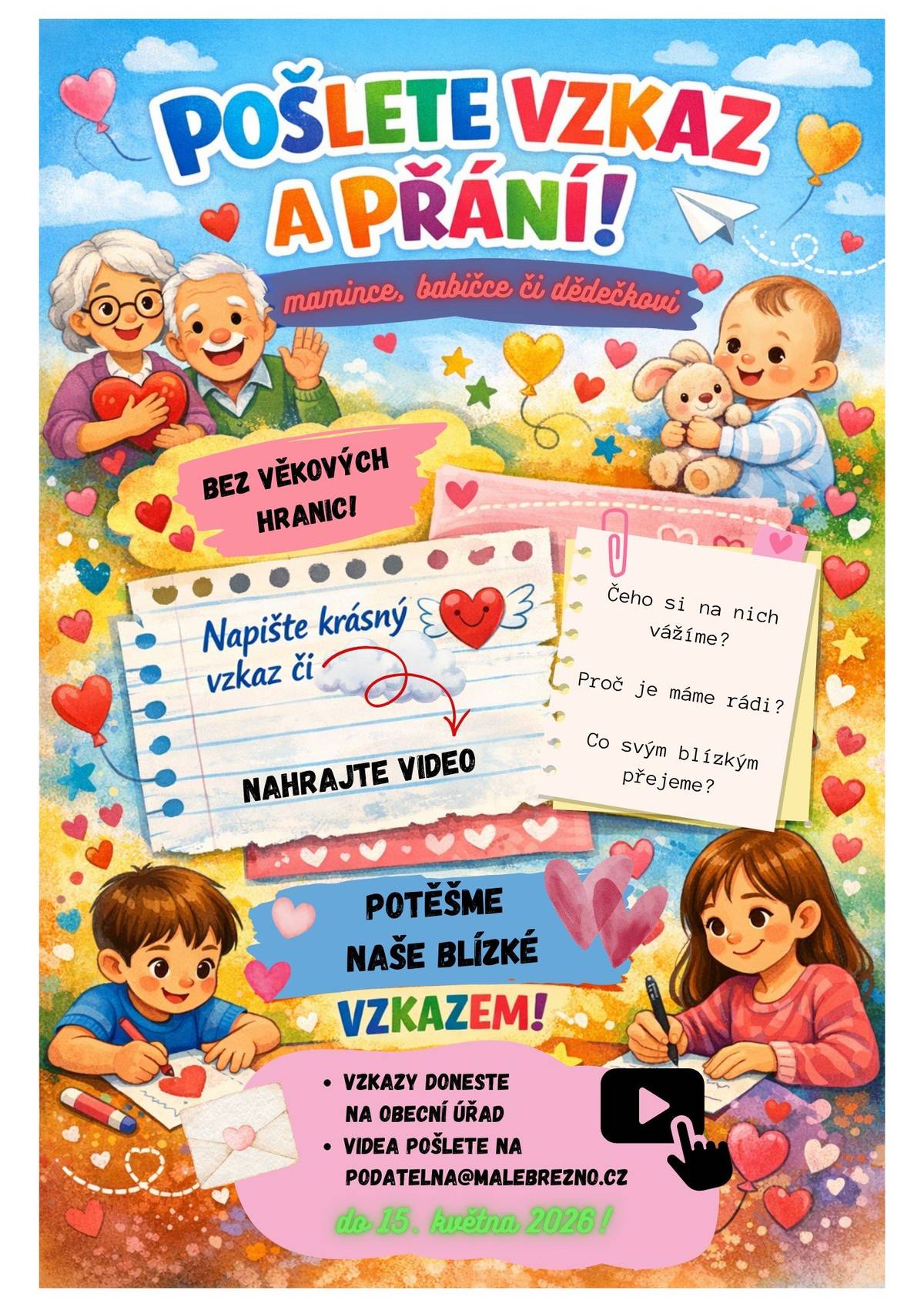 Stále se můžete zapojit do příprav výzdoby na oslavu Dne matek a setkání seniorů.  Své obrázky můžete přinést na obecní úřad nejpozději do 22. 05. 2026. V případě zájmu o předání vzkazu v podobě nahrávky, můžete přijít dnes po 17. hodině na sál kulturního domu. Děkujeme a těšíme se na vaše krásné výtvory!