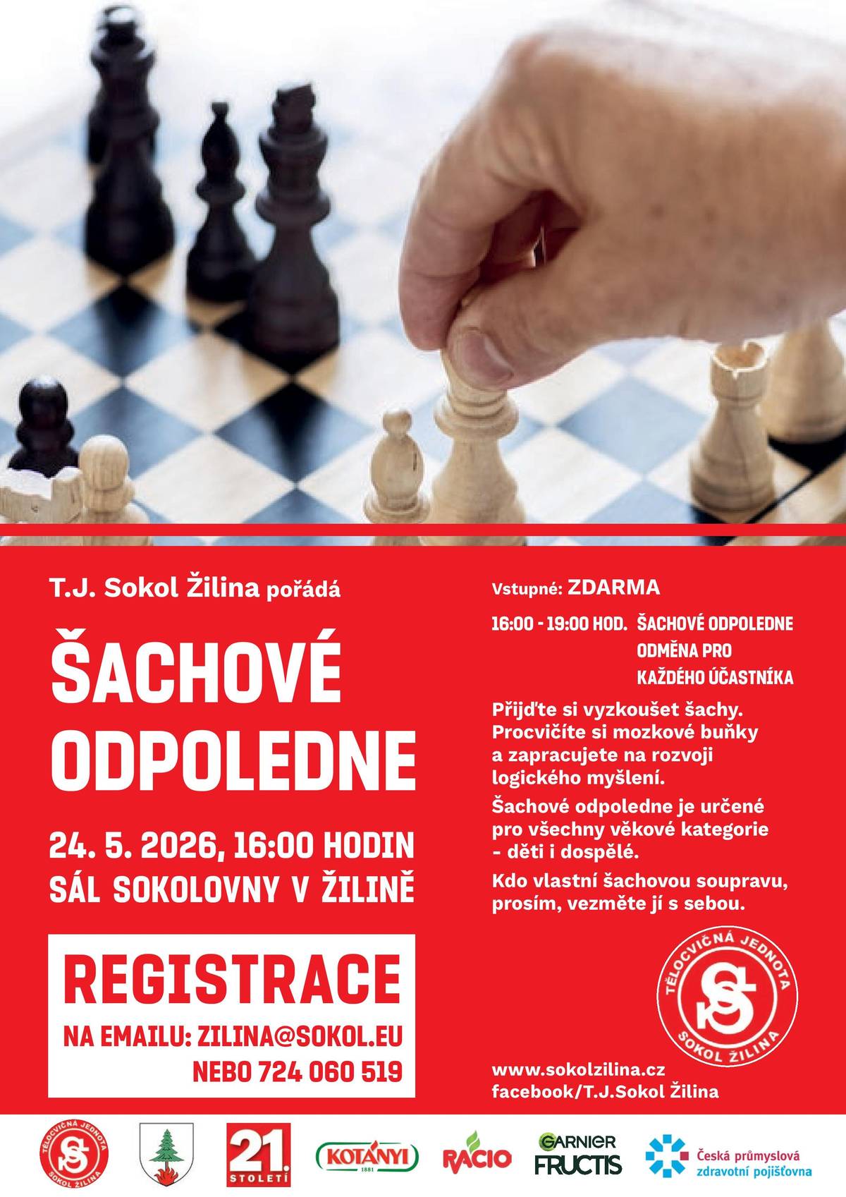 Pokud máte rádi šachy, přijďte si v neděli 24. 5. 2026 s T.J. Sokol Žilina procvičit mozkové buňky do žilinské sokolovny. Na sále se od 16 hodin koná „Šachové odpoledne“, které je určené pro děti i dospělé. Potkáte zde šachisty se společným zájmem, zahrajete si přátelskou partii a prodiskutujete zkušenosti ze hry. Pro každého je připravena malá odměna od našich sponzorů.