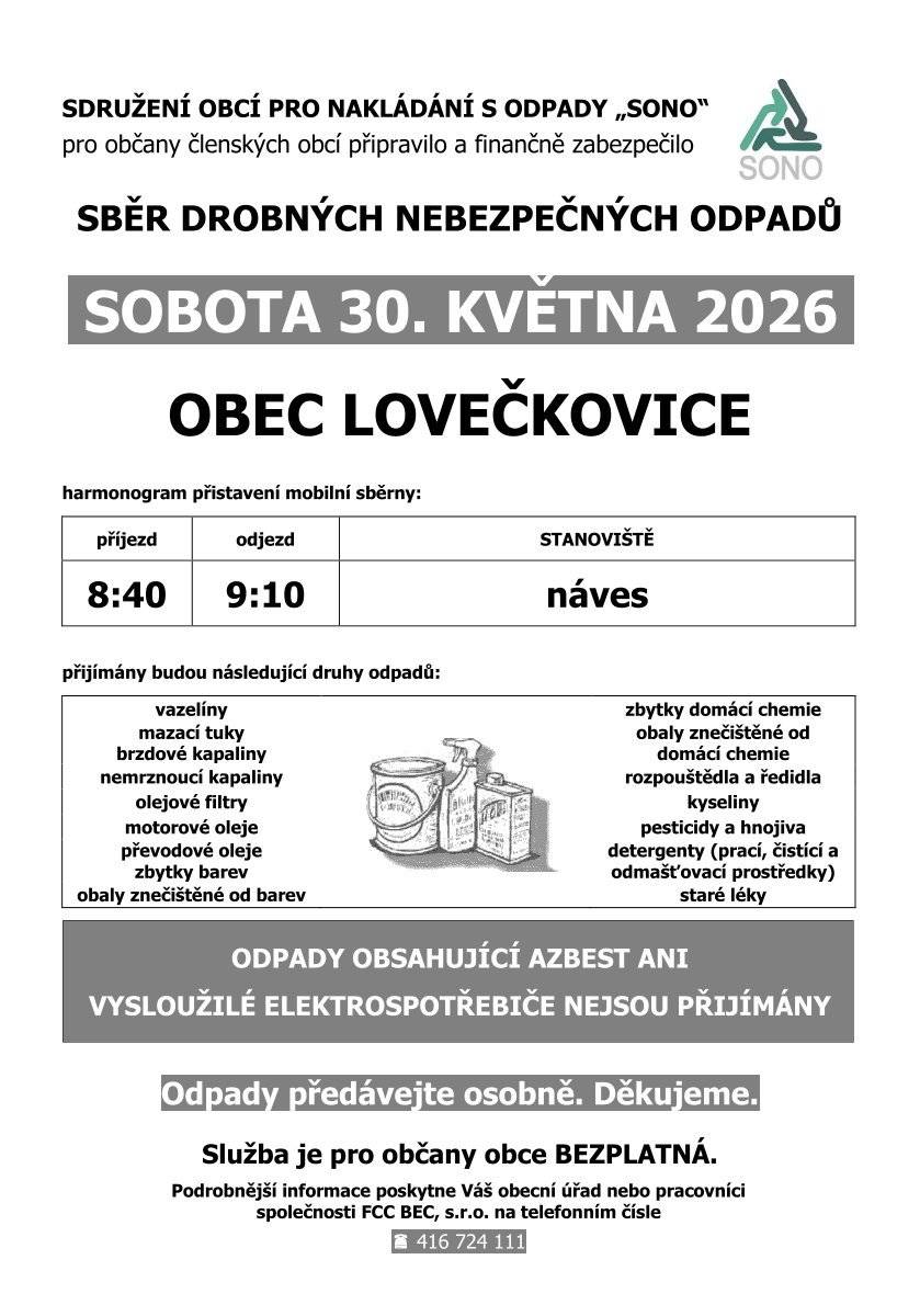 Obec Lovečkovie informuje občany, že 30.05.2026 od 8:40 do 9:10 proběhne v Lovečkovicích z návsi u rybníka svoz nebezpečného odpadu. Více viz web. stránky obce. Odpady předávejte pouze osobně, nelze je odložit a čekat, že budou odvezeny. Děkujeme za pochopení a spolupráci.