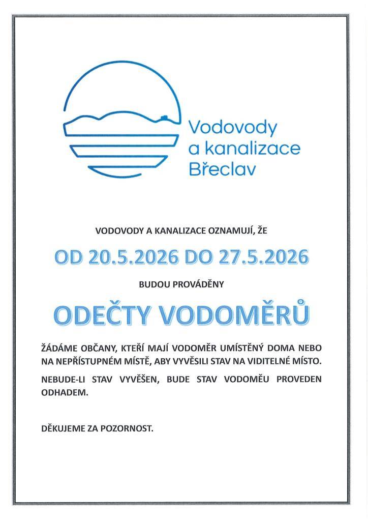 Vodovody a kanalizace Břeclav-odečty vodoměrů 20.-27.5.2026