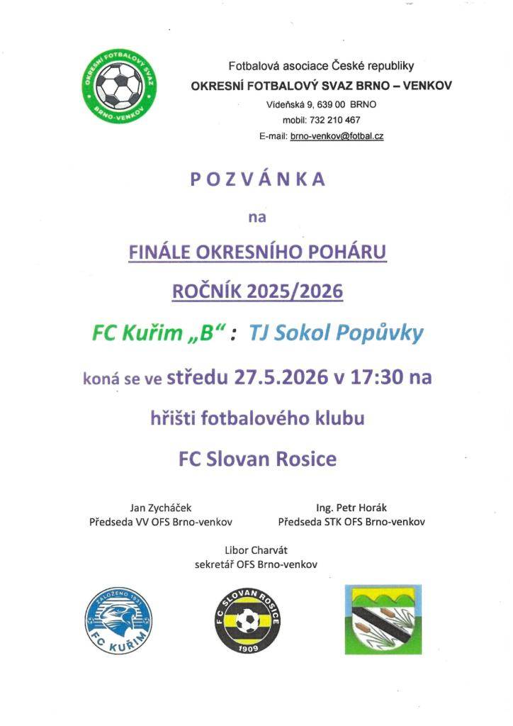 Pozvánka na finále okresního poháru ročník 2025/2026.