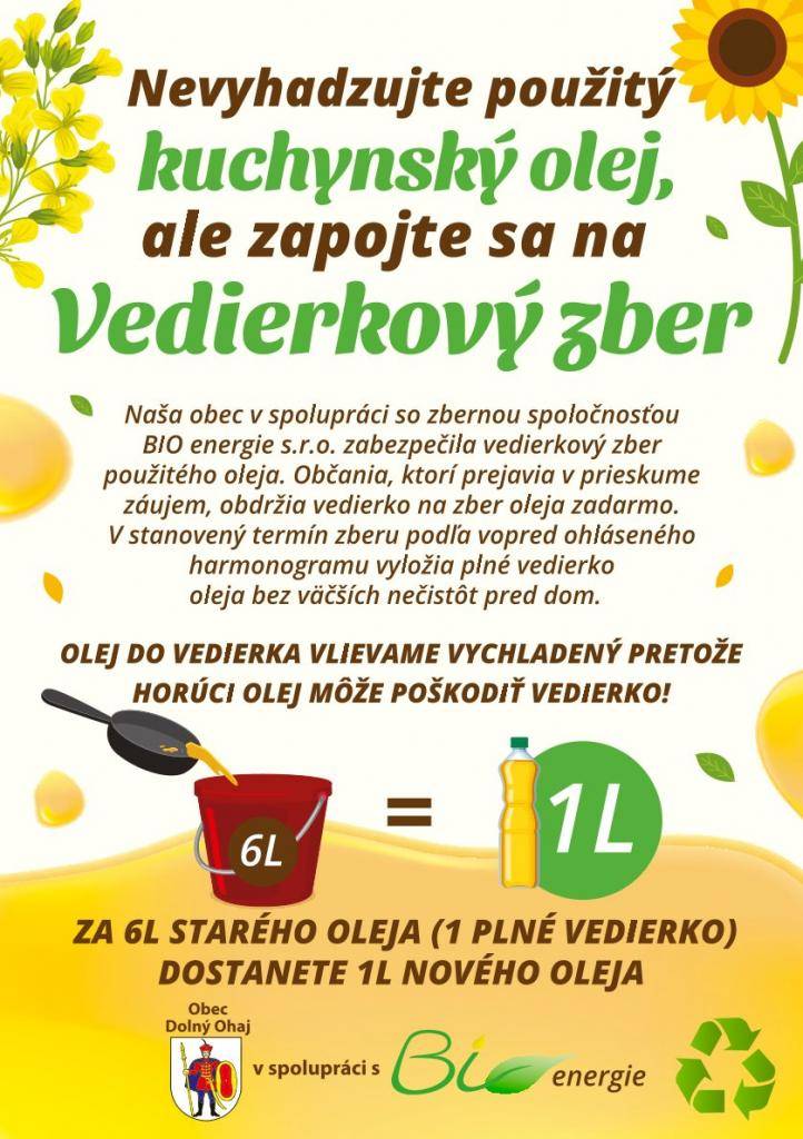 Oznamujeme občanom, že dňa 01.06.2026 t.j. v pondelok od 08:00 hodiny sa v našej obci uskutoční vedierkový zber použitého rastlinného oleja. Vedierka treba vyložiť pred svoj dom. Odmena bude vložená každému do vedierka.