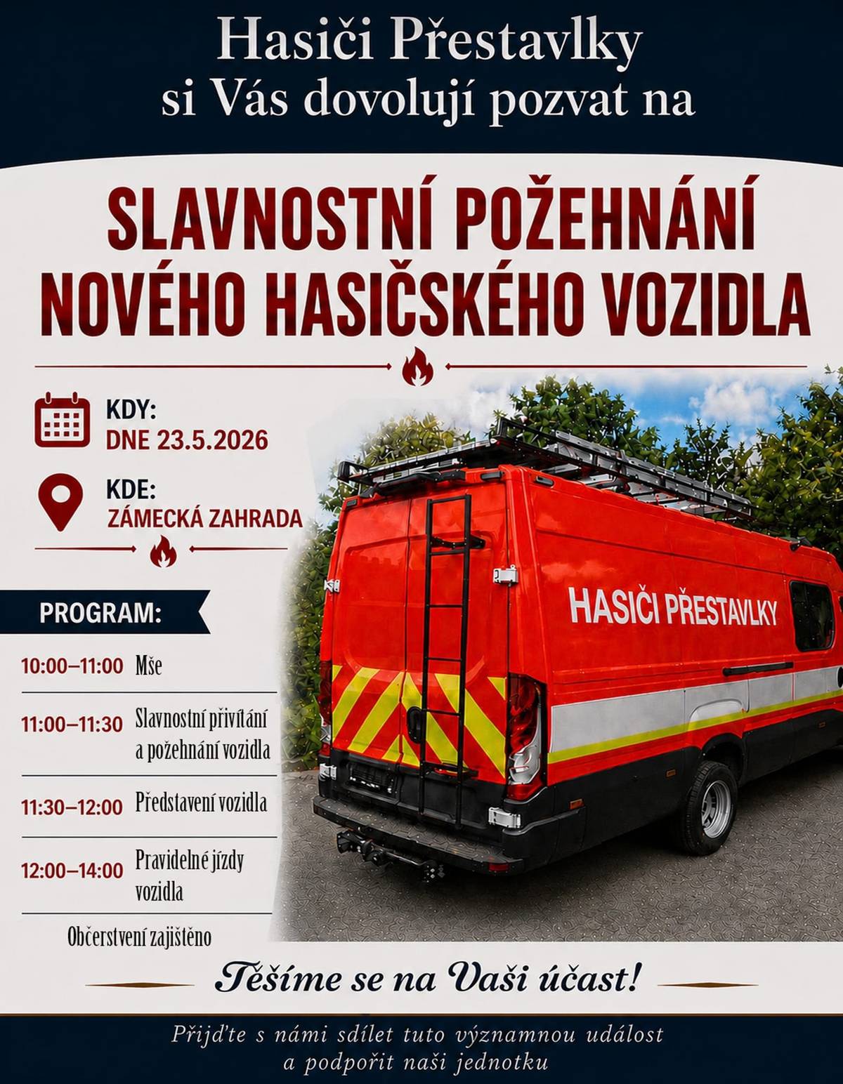 HASIČI PŘESTAVLKY VÁS ZVOU NA SLAVNOSTNÍ POŽEHNÁNÍ NOVÉHO HASIČSKÉHO VOZIDLA 🚒