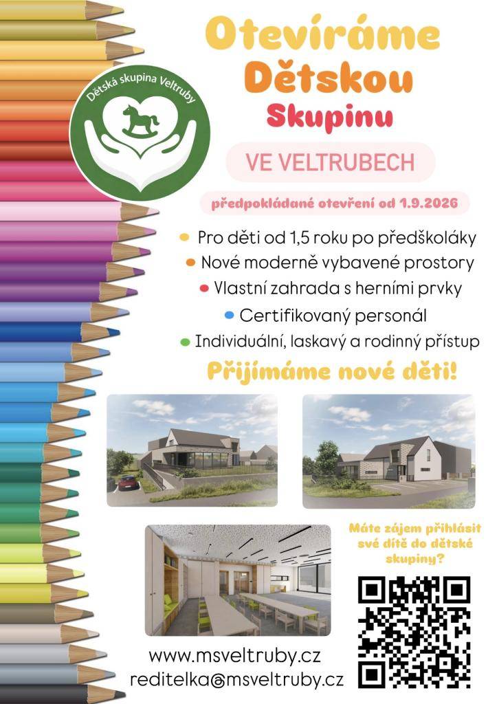 Otevření nové dětské skupiny ve Veltrubech se předpokládá od 1.9.2026.