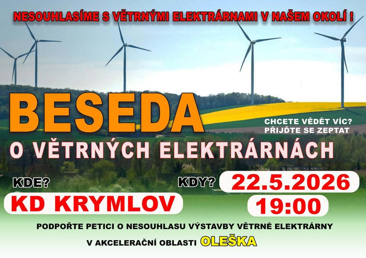Přijďte se zeptat na plánovanou výstavbu větrné elektrárny v akceleračaní oblasti OLEŠKA. V rámci setkání bude prostor pro dotazy a vyjádření názorů, což je důležité pro další postup.