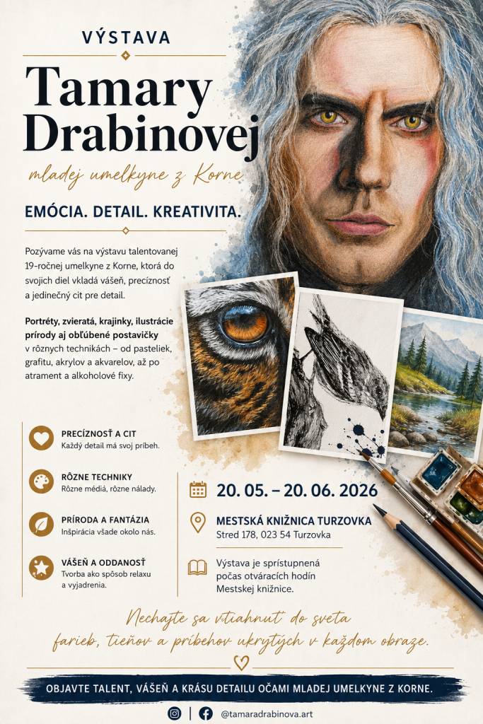 Už od detstva bola ceruzka a papier prirodzenou súčasťou života Tamary Drabinovej, 19-ročnej talentovanej umelkyne z Korne. To, čo sa začalo ako detská záľuba v kreslení podľa obrázkov, sa postupne zmenilo na vášeň, ktorá dnes ožíva v jej jedinečnej výstave plnej detailov, emócií a kreativity.