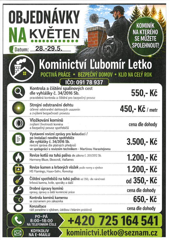 Kominictví  LETKO INFORMUJE