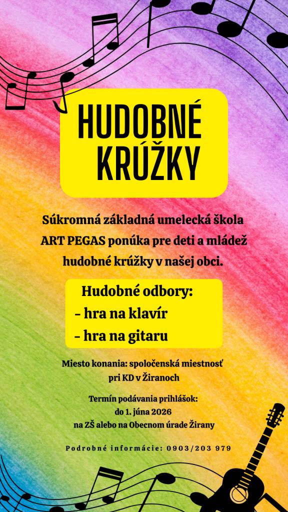 Chcete sa naučiť hrať na gitare? Alebo máte záujem o hru na klavír?   Obec Žirany v spolupráci so Súkromnou základnou umeleckou školou ART PEGAS otvára pre deti a mládež hudobné krúžky. Tešíme sa na všetkých záujemcov!