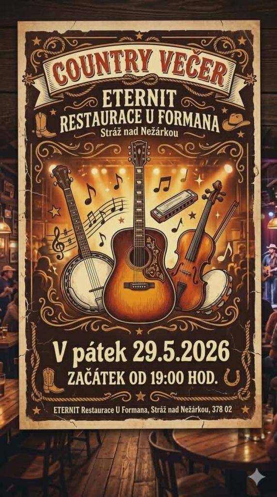 V pátek 29.05.2026 bude opět oblíbený večer s Eternitem, od 19:00 hodin v restauraci U Formana.