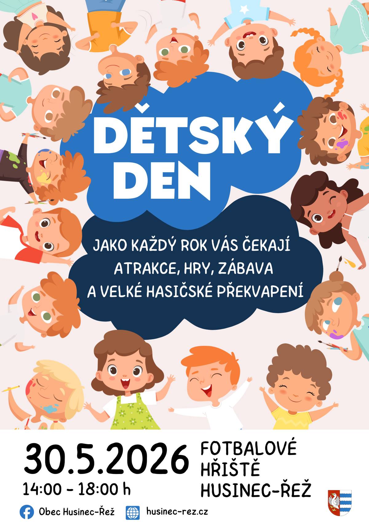 Srdečně vás zveme na dětský den, který proběhne dne 30.5.2026 od 14-18h na fotbalovém hřišti Husinec - Řež. tým OÚ