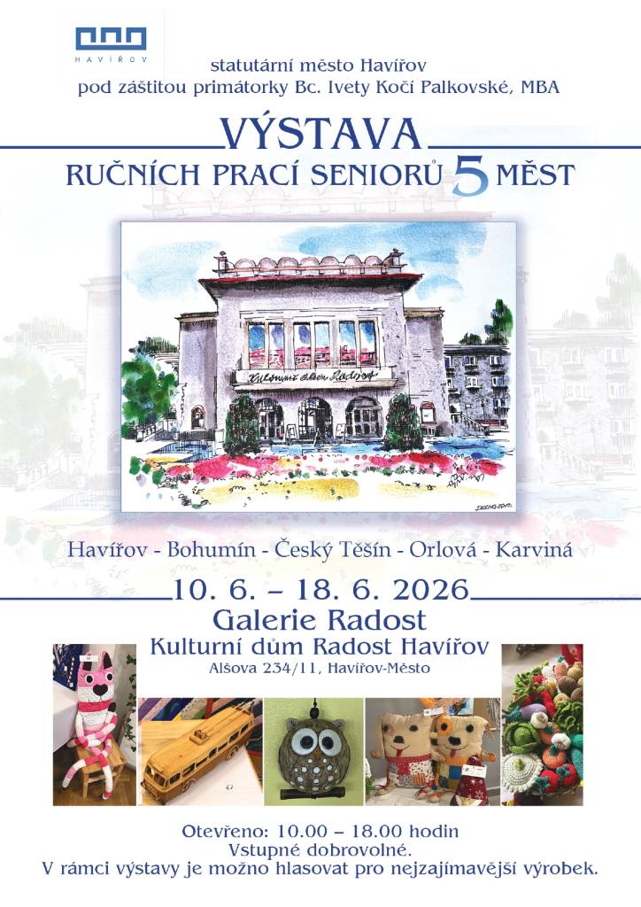 Vážení orlovští senioři, sedmý ročník Putovní výstavy ručních prací seniorů pěti měst (Karviná, Havířov, Bohumín, Orlová, Český Těšín) letos proběhne v Kulturním domě Radost v Havířově. Výstavu můžete zhlédnout v termínu od 10. do 18. června 2026 vždy od 10 do 18 hodin. Vstupné je dobrovolné. V případě, že byste se ještě chtěl...