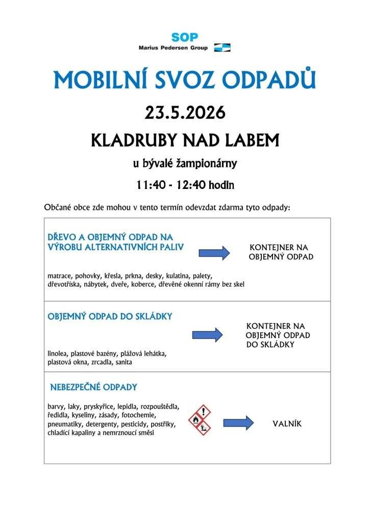 SOP Přelouč ve spolupráci s obcí Kladruby nad Labem pořádá v sobotu dne 23. 5. 2026 svoz velkoobjemového a nebezpečného odpadu. Na určených místech budete moci v uvedených časech předat svůj odpad pracovníkům obce. Prosíme Vás, abyste dodržovali uvedené časy a počkali příchodu obsluhy, aby byl odpad správně vytříděn.  10:00 - 10:30 hodin (Bílé Vchynice) 10:40 - 11:00 hodin (Kolesa) 11:10 - 11:30 hodin (Komárov) 11:40 - 12:40 (Kladruby nad Labem)