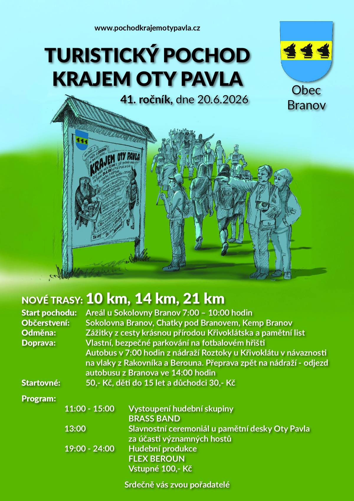Obec Branov zde všechny přátelé Kraje Oty Pavla na turistický pochod, který proběhne 20. června 2026.