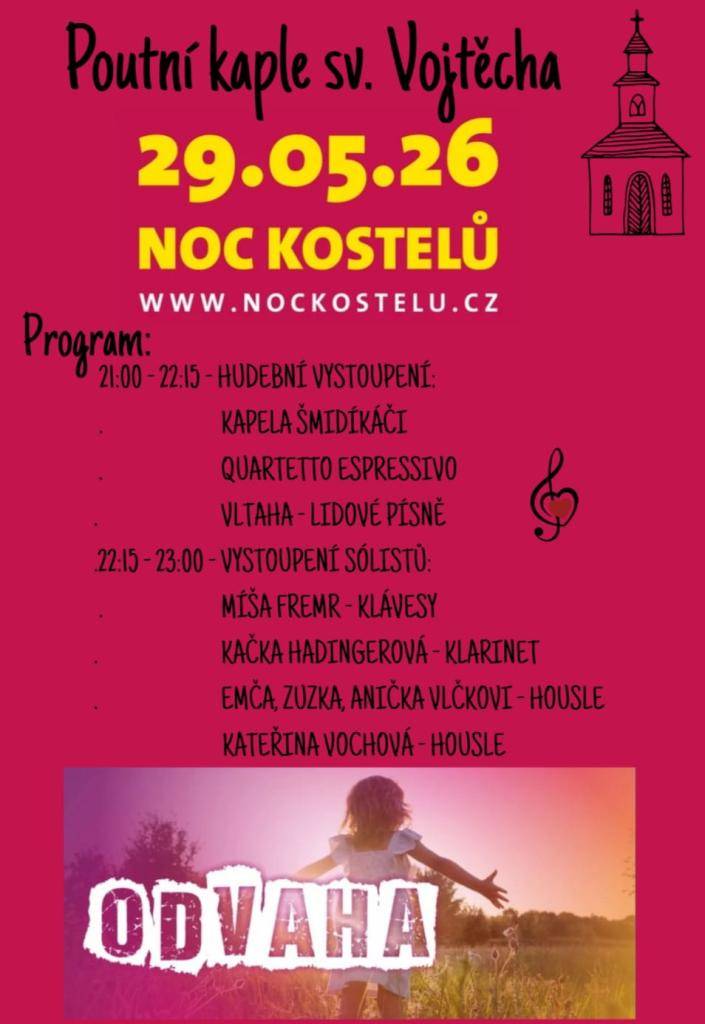 Noc kostelů s hudebním vystoupením se koná 29.5.2026 od 21:00 do 23:00 v kapli sv. Vojtěcha.
