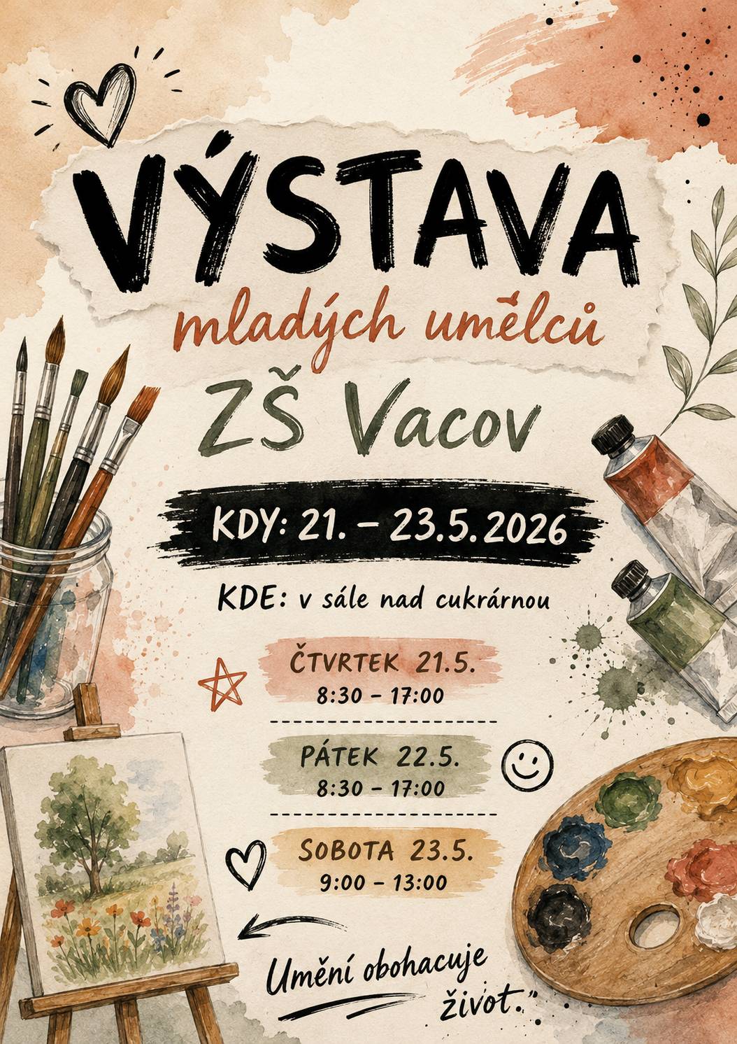 Přijďte se podívat na krásná díla našich talentovaných žáků a podpořte tím mladé umělce.Čeká vás výstava plná kreativity, barev, inspirace a příjemné atmosféry. „Umění obohacuje život.“
