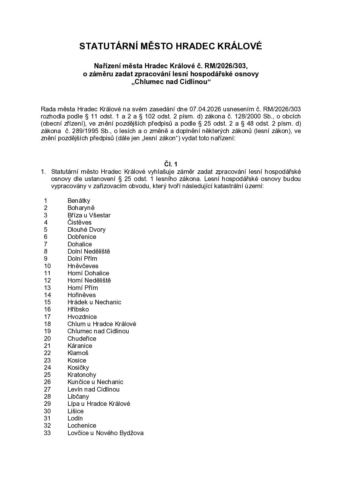 Veřejná vyhláška krajského úřadu o nařízení vypracování LHO Chlumec nad Cidlinou
