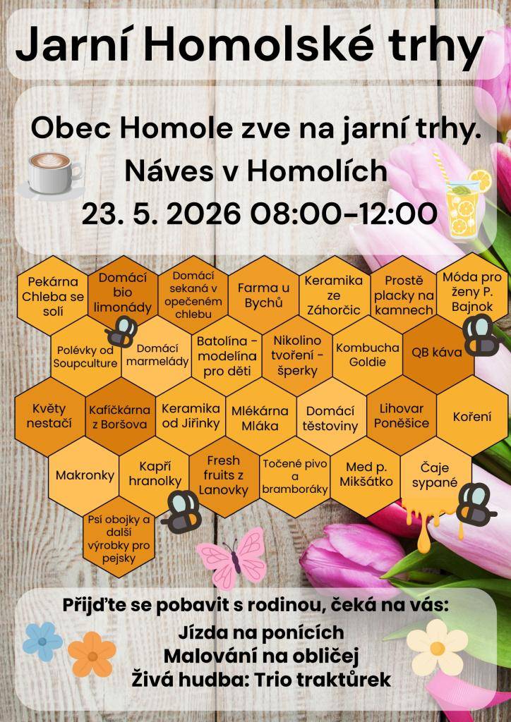 Nezapomeňte, že už zítra se konají Homolské trhy na návsi v Homolích od 8 do 12 hod. (podrobnosti na přiloženém letáku)