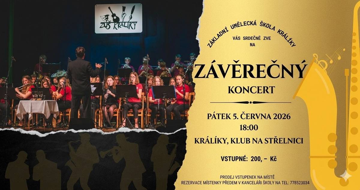 Srdečně Vás zveme do Klubu Na Střelnici na Závěrečný koncert v podání žáků a pedagogů ZUŠ Králíky, který se bude konat v pátek 5. června 2026 od 18:00 hodin.  Prodej vstupenek na místě ve výši 200,- Kč. Možná rezervace předem v kanceláři školy na tel. 778 523 034.  Těšíme se na Vás!
