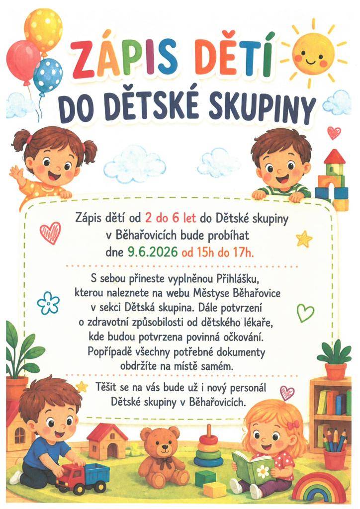 zápis dětí do dětské skupiny - bližší informace v sekci Dětská skupina