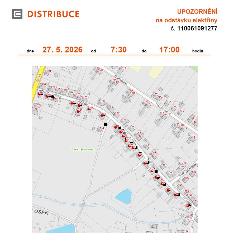 Oznámení o přerušení dodávky elektrické energie - ul. Svobody a Tyršova - 27.05.2026, od 07:30 do 17:00 hod