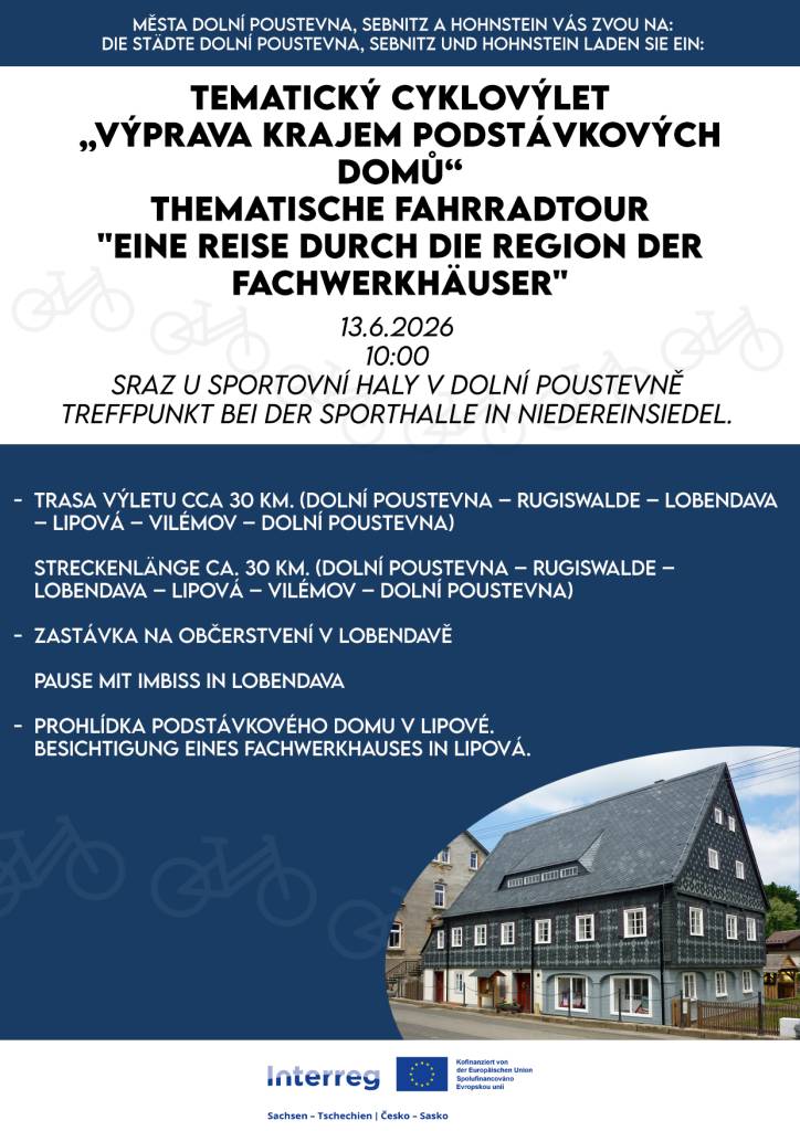 V rámci projektu "Na kole za sousedy" se uskuteční 5. společná akce: Tematický cyklovýlet "Výprava krajem podstávkových domů".  Všichni jste srdečně zváni.  Projekt „Na kole za sousedy / Mit dem Fahrrad zu den Nachbarn“ je financován z programu Interreg Česko – Sasko 2021 – 2027.