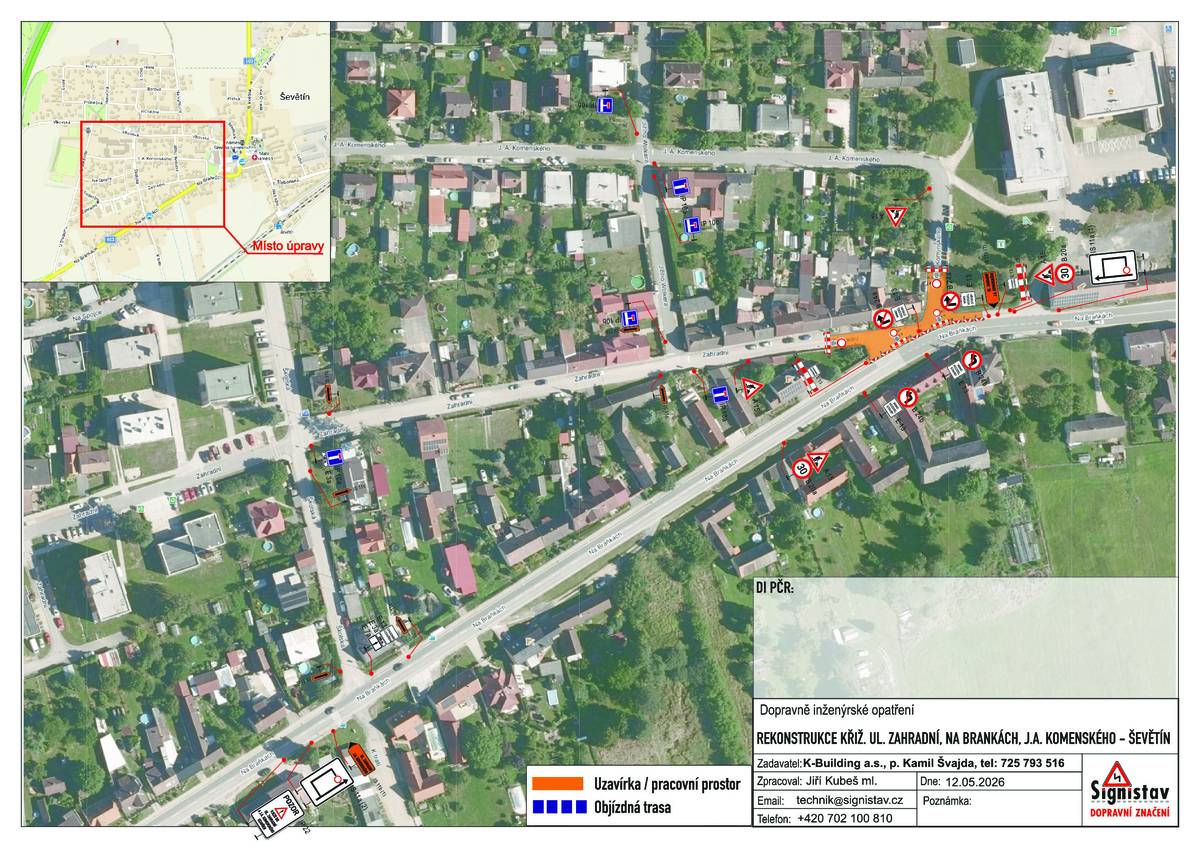 Upozorňujeme občany na přechodnou úpravu provozu na místních komunikacích od 1.6.2026 do 31.7.2026 v ulicích Zahradní, J. A. Komenského, Jiřího Wolkera, Školská a Na Braňkách a to z důvodu rekonstrukce křižovatky ulic Zahradní, Na Braňkách a J. A. Komenského, která umožní realizaci zjednosměrnění části Zahradní ulice. Žádáme řidiče i chodce, aby v tomto úseku dbali zvýšené pozornosti a opatrnosti.