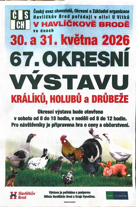 Český svaz chovatelů, Okresní a Základní organizace Havl.Brod pořádají v ulici U Vítků ve dnech 30. a 31. května 2026 V sobotu: od 8:00 - 18:00 hod V neděli od 8:00 - 12:00 hod Pro návštěvníky je připravena hra oceny a občerstvení.