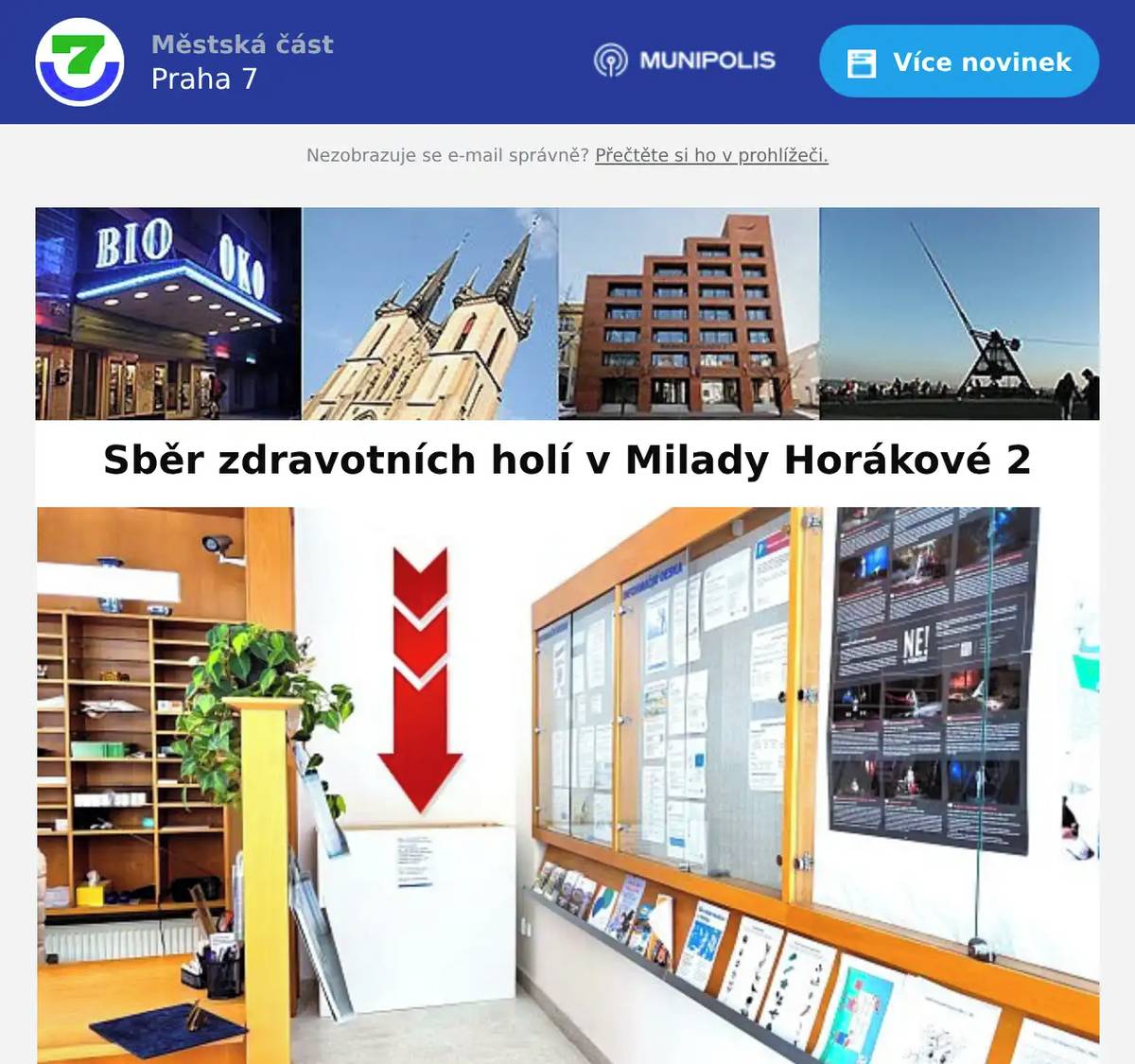 Na pracovišti úřadu v ulici Milady Horákové 2 je do 1. září 2026 umístěn sběrný box pro zdravotní hole, berle, ortézy atd., které budou odvezeny na Ukrajinu, kde poslouží zraněným. Pokud máte doma tyto zdravotní pomůcky navíc, můžete je poskytnout na uvedené dobročinné účely. Sbírku pořádá náš soused Petr Jílek, v případě dotazů ho můžete kontaktovat na e-mailu petr.j.jilek@email.cz. Děkujeme za vaši pomoc!